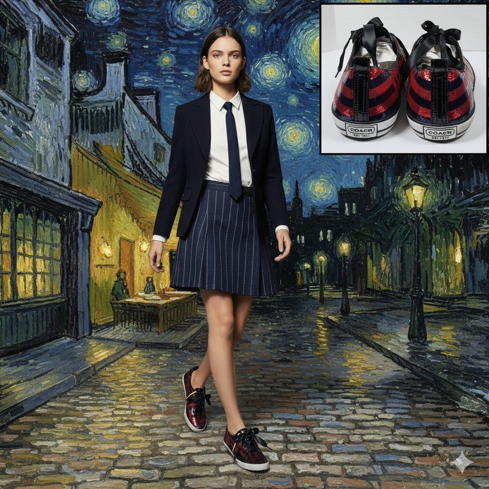 Coach Willa Sequin‎ Plaid Sneakers Red Navy Gold Q1760 Womens 11B Ribbon Laces